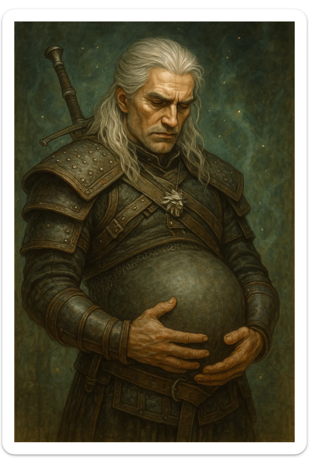 Geralt of Rivia holding his pregnant belly, detailed fantasy illustration, silver hair, medieval armor, serious expression, magical atmosphere sticker