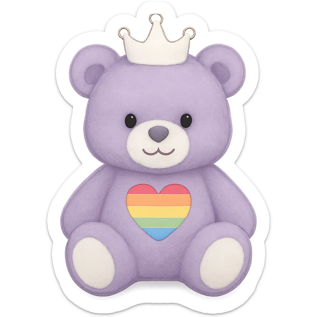Change the crown to white on the purple and white teddy bear with a heart-shaped rainbow patch. Keep it soft and plush with no shadows and flat lighting. Remove the background. sticker