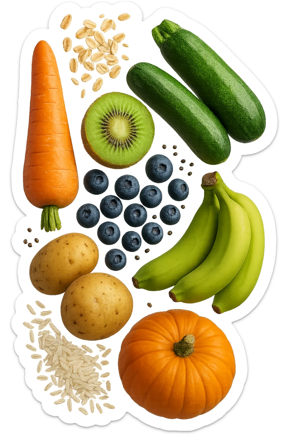 carota, fiocchi di avena, zucchine, kiwi, mirtilli, semi di chia, patate, banane acerbe, zucca, riso fluttuano in aria verticalmente, iperrealistici 4k sticker