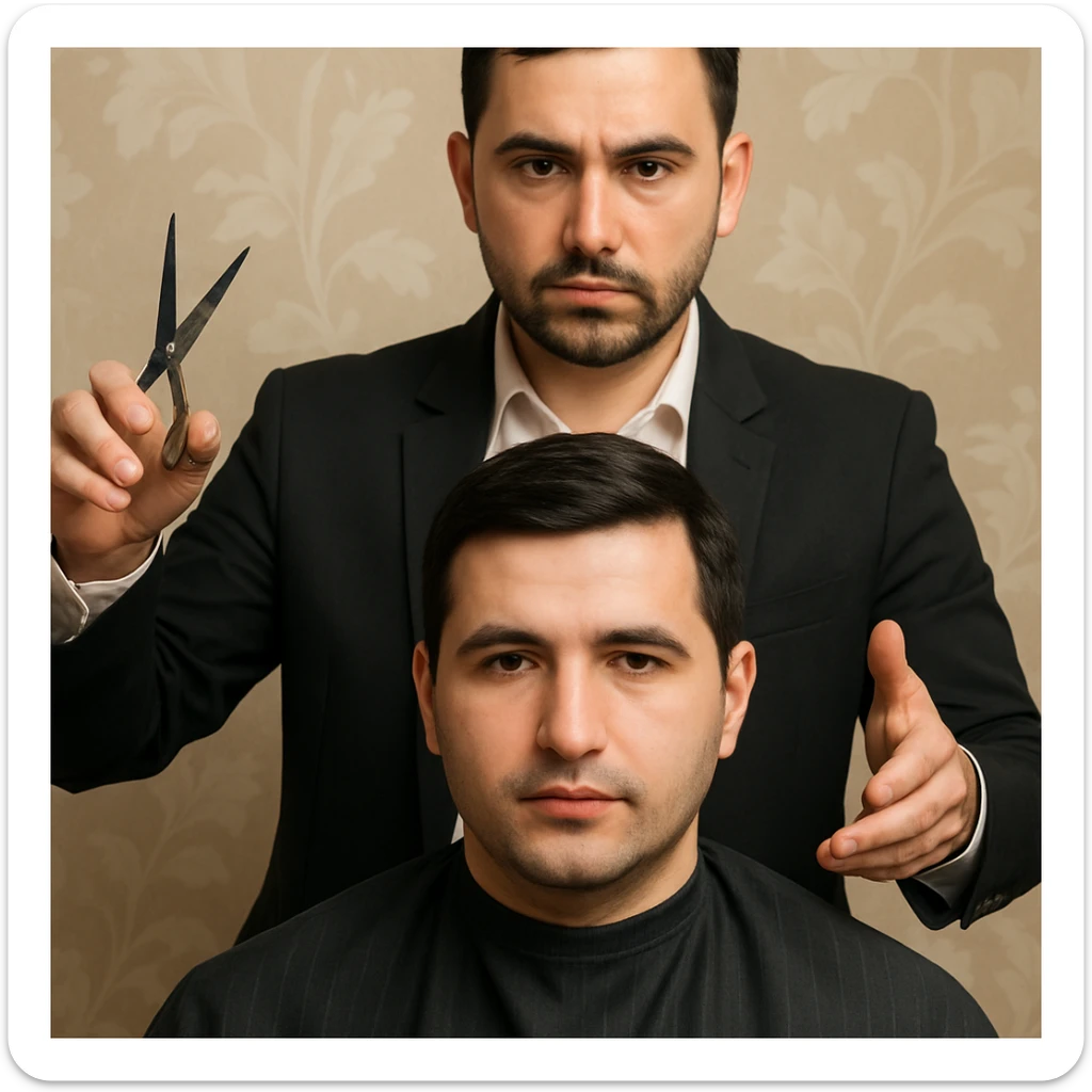 manashu akani yuzlaridan foydalanib sartarosh chizib bergin u soch olishga tayyor turganini chizib ber old rakursda bulsin mijoz tugriga qarab utirganini va sartarosh uni orqasida turib bitta ulida qaychi, ikkta quli bilan tayyorgarlik kurib turganini chizib ber xuddi 1,2,3 boshladik degandey birdaniga ishga kirishib ketadigan dek tayyor bulib tursin sticker