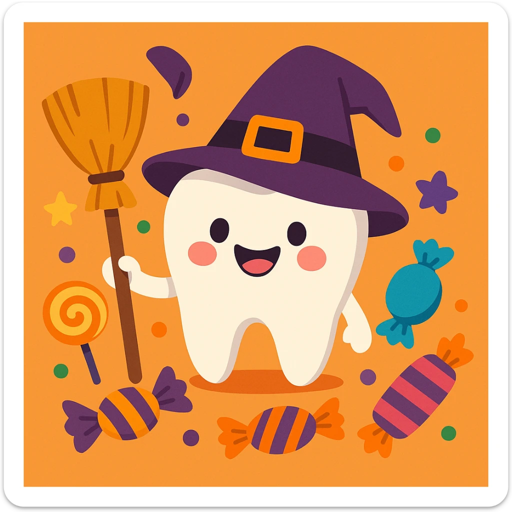 cheerful cartoon style of a tooth wearing a witch hat and holding a broom, surrounded by Halloween candies sticker