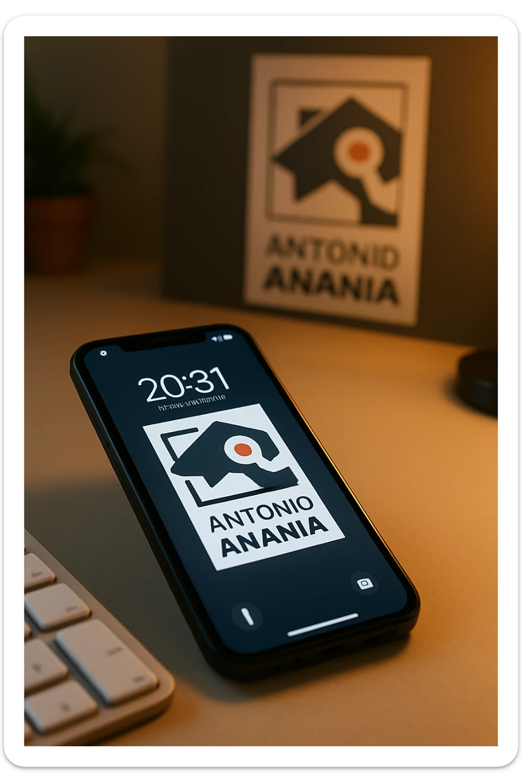A photo of an iPhone on the desk with the message "Antonio Anania" on its screen, The phone sits atop a desk with a blurred background that suggests work environment. A faint glow from above casts gentle shadows across the surface of each object, creating depth and highlighting their textures sticker