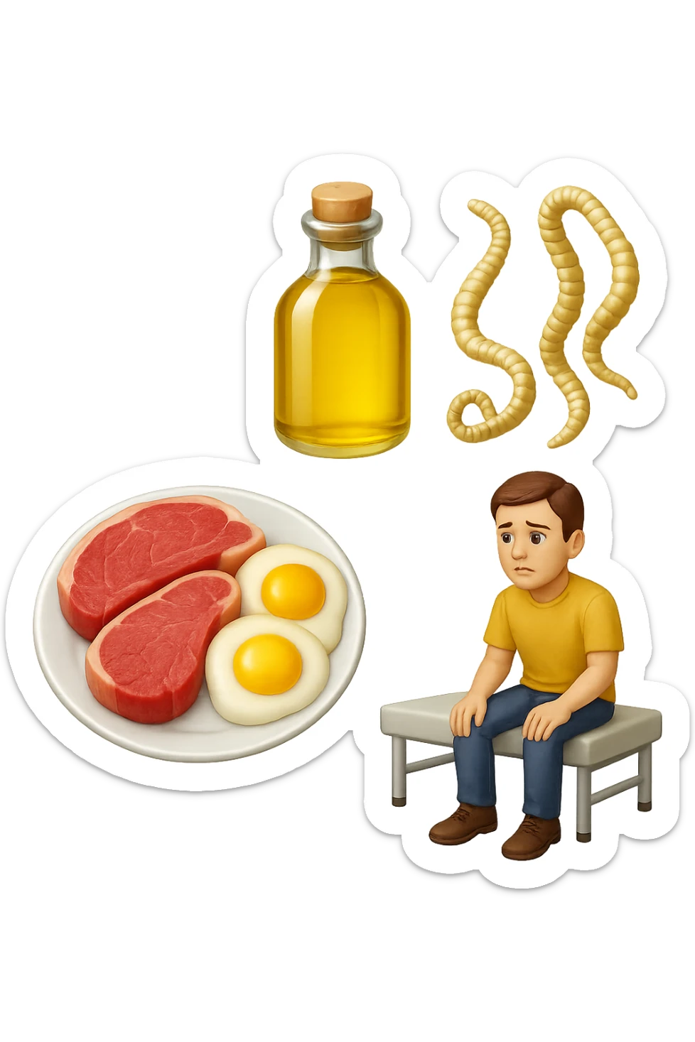 emoji stile iphone di UN PIATTO CON CARNE ROSSA E UOVA, UNA BOTTIGLIA DI OLIO DI SEMI, DUE PARASSITI TIPO LA TENIA, UOMO SEDUTO SU UN LETTINO DA FISIOTERAPISTA, IPERREALISTICO 4K sticker