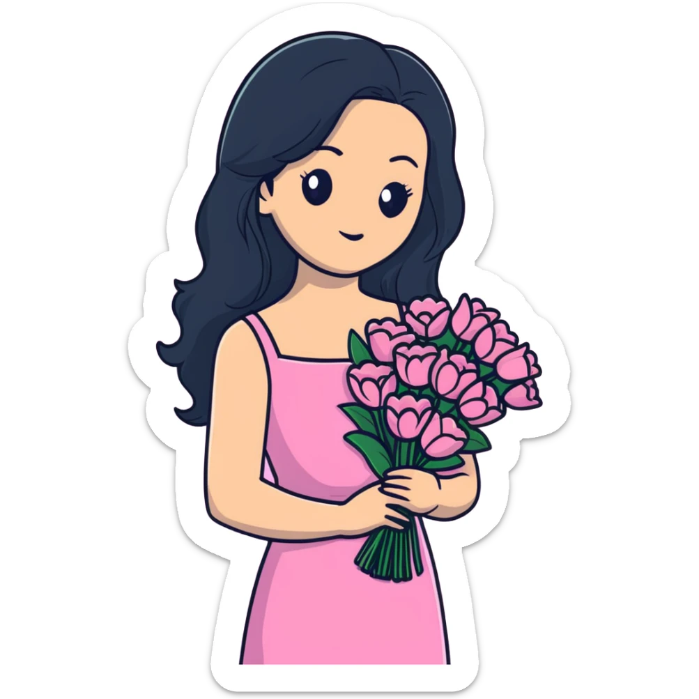 beautiful young woman with long black hair, fair skin, wearing pink dress and holding a bouquet of flowers sticker