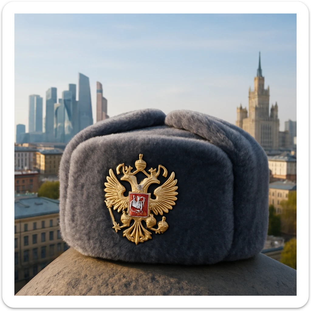Russian ushanka hat with the emblem of Russia in a city background sticker