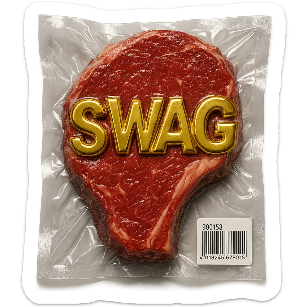 juicy steak with shiny gold 'SWAG' text across the surface, shiny and inflated vacuum-sealed style sticker