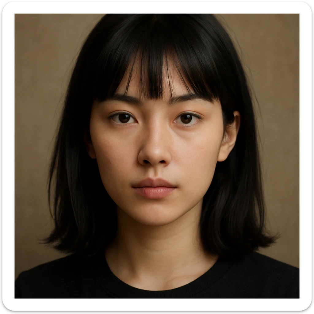 portrait of a girl with black shoulder-length hair, bangs, black almond-shaped eyes, full lips, and straight nose sticker
