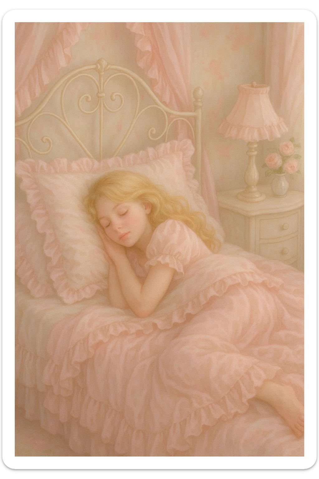 Dreamy scene of a blonde girl sleeping in a frilly baby pink Coquette bed, eyes closed, soft pastel colors, gentle lighting, delicate feminine details sticker