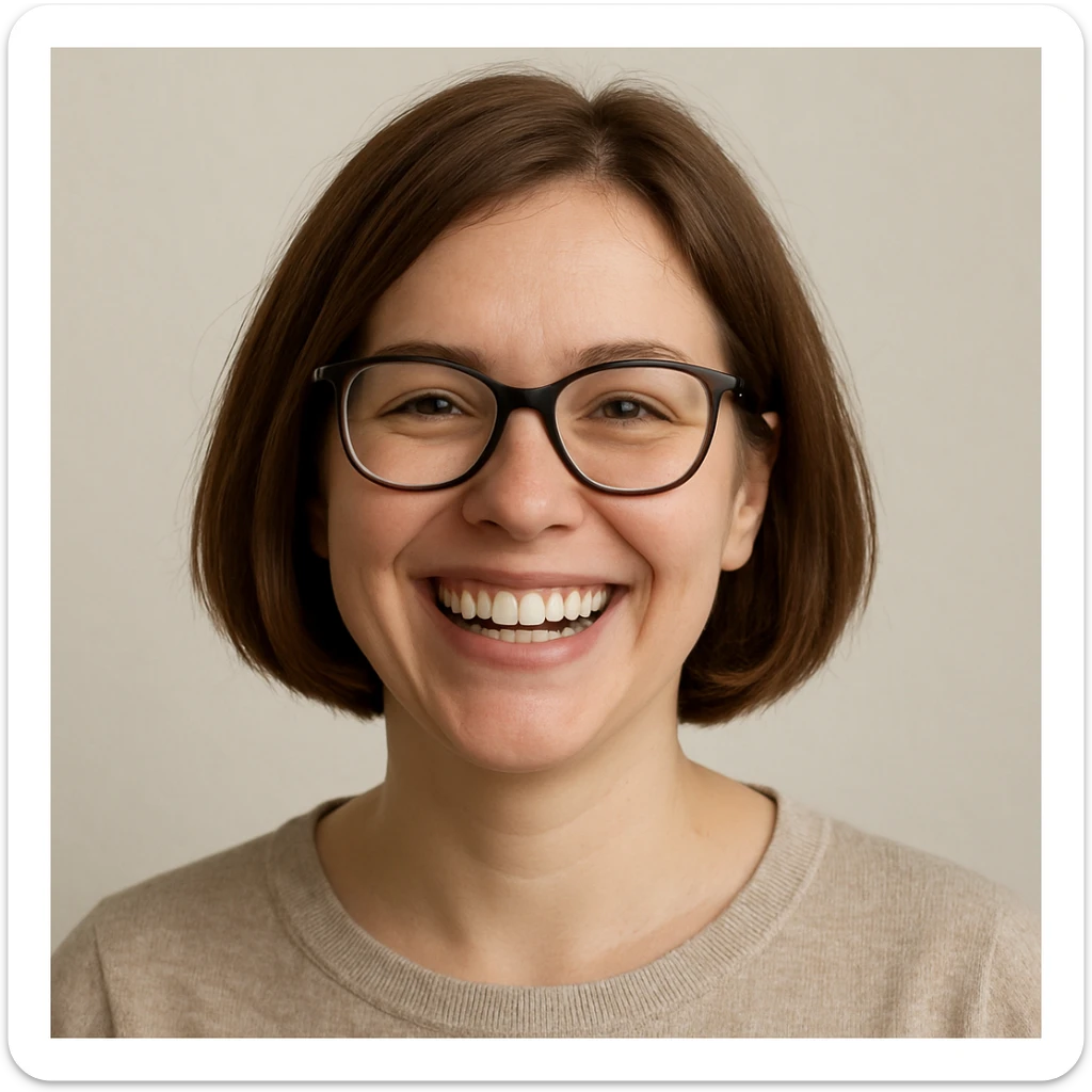 smiling white woman, brown bobbed hair, glasses, cheerful, minimal background sticker