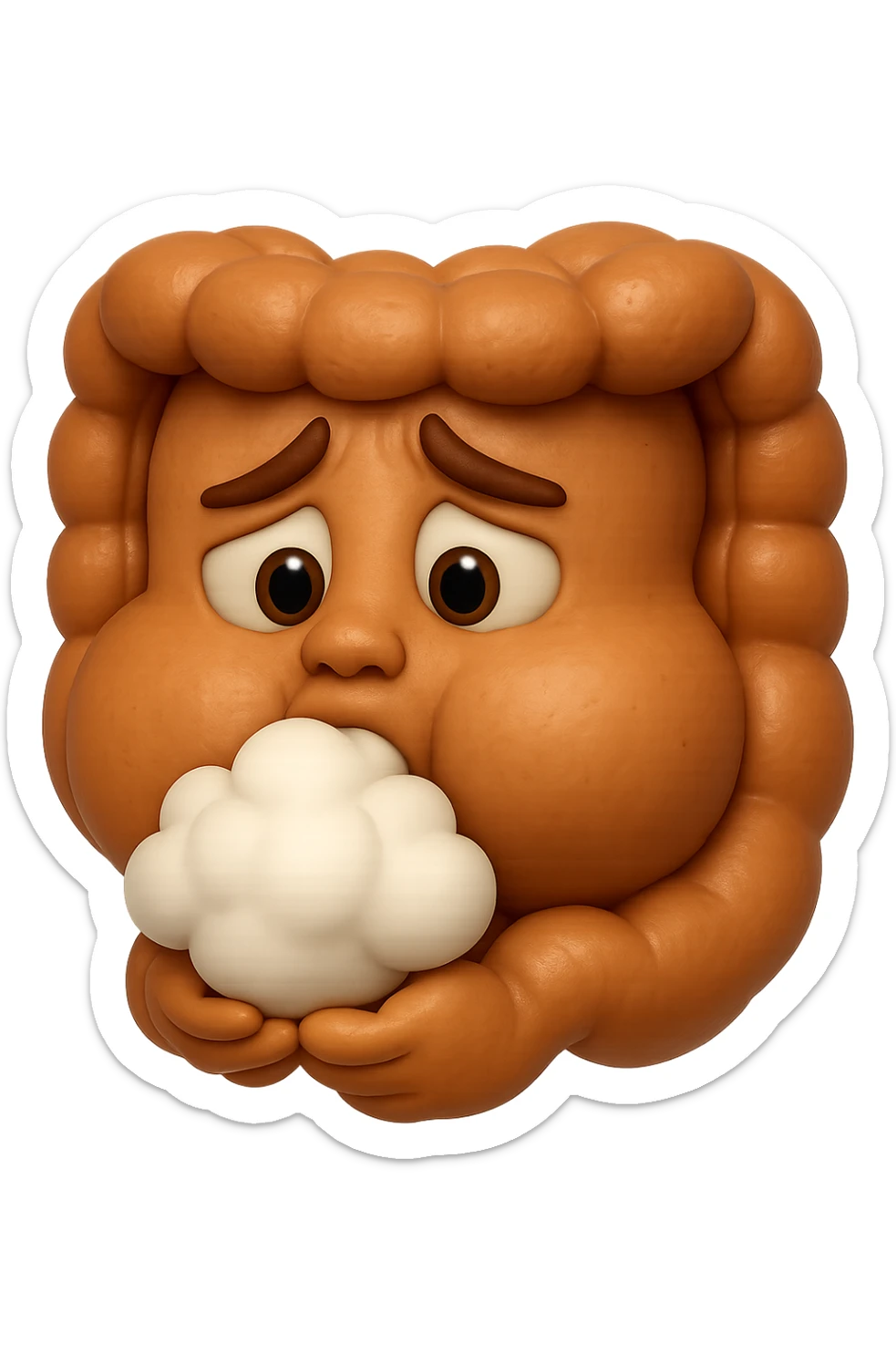 emoji stile iphone di un intestino che ingoia una nuvoletta di aria ben visibile e gli si gonfia la pancia, iperrealistico 4k sticker