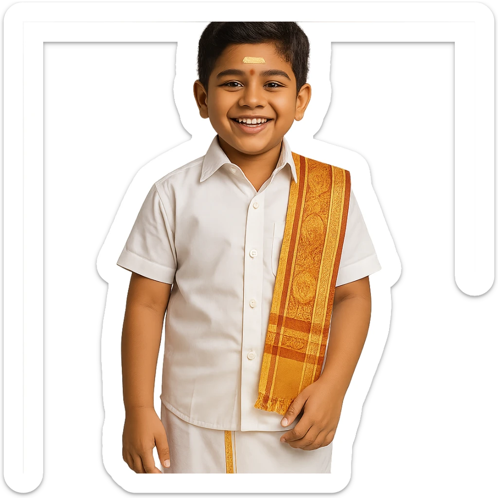A cheerful Tamil boy wearing traditional cultural attire, including a white veshti (dhoti) and shirt, with a decorative angavastram draped over the shoulder, and a sandalwood mark on his forehead. sticker