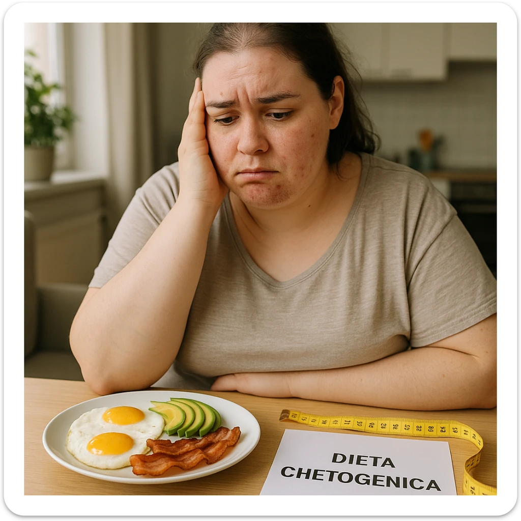 hyperrealistic 4K image of a woman with PCOS wearing loose clothes but with a slightly overweight body, face with acne and chin hair, thin hair. In front of her a ketogenic plate (eggs, avocado, bacon), a clearly visible tailor's measuring tape on the table, a sheet with the text 'DIETA CHETOGENICA', frustrated expression, realistic domestic environment. sticker