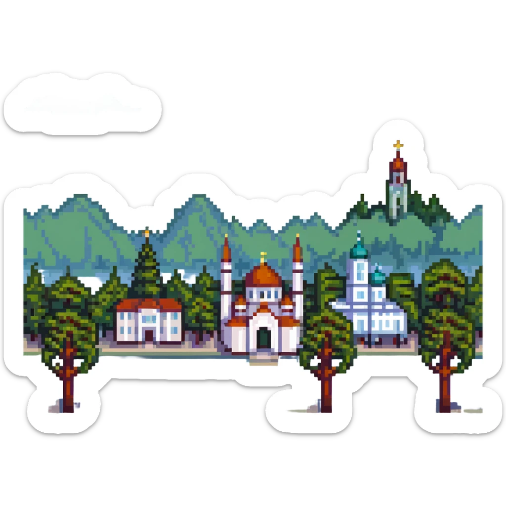 cityscape of Nalchik with iconic buildings and trees in pixel art style sticker