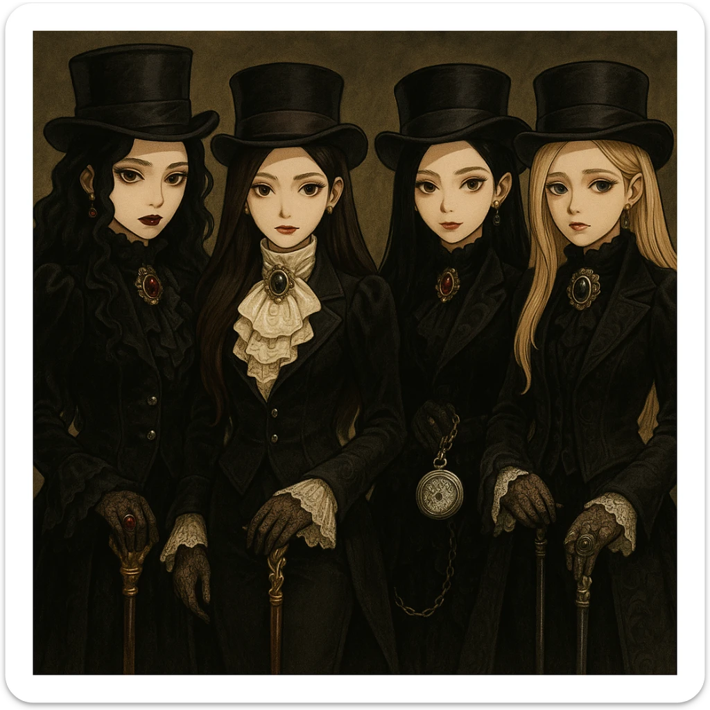 Add aristocrat goth accessories such as ornate canes, lace gloves, jeweled brooches, top hats, and silver pocket watches, keeping the regal and dark theme, in a detailed illustration style. sticker