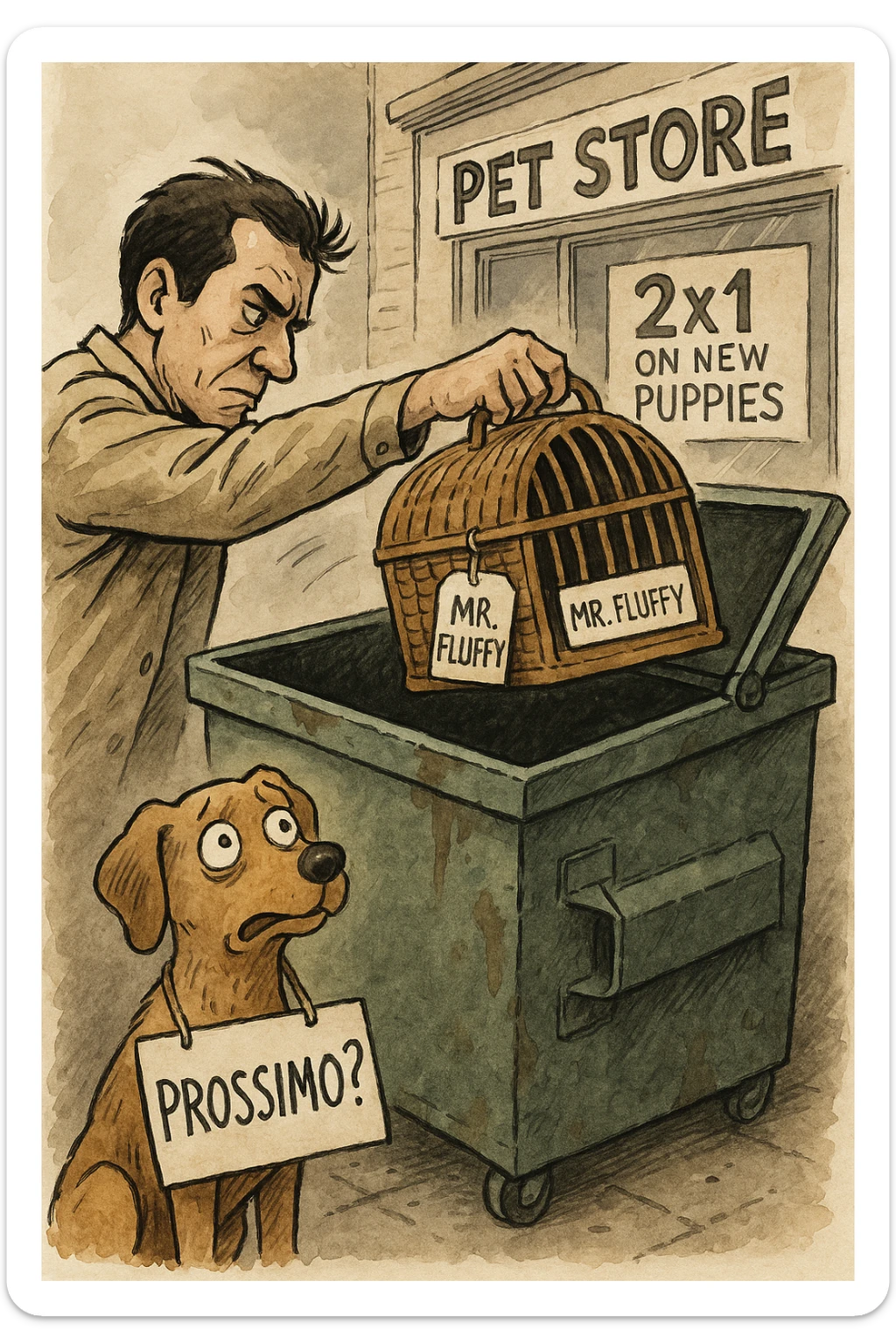 "Primo piano dell'uomo che butta il cesto del gatto (con ancora la scritta 'Mr. Fluffy') nel cassonetto, mentre il cane lo guarda terrorizzato con un cartello al collo: 'PROSSIMO?'. Sullo sfondo, un negozio di animali con l'insegna '2x1 su nuovi cuccioli'. Stile illustrazione editoriale, inchiostro e acquerello." sticker