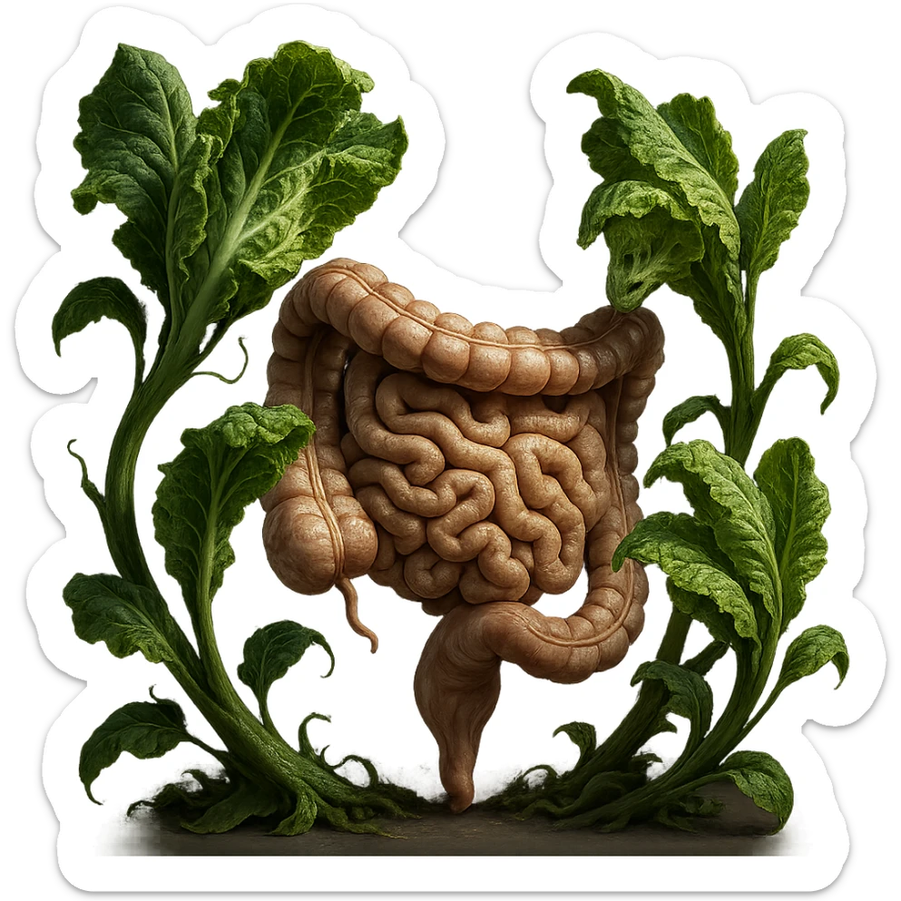 Ultra-realistic 4K illustration: stylized lettuce leaves depicted as plant-like creatures interacting with a human anatomical model of the intestine. The scene is surreal and scientific, with organic textures, refined biological details, dramatic lighting, and a bio-fantasy photorealistic style sticker