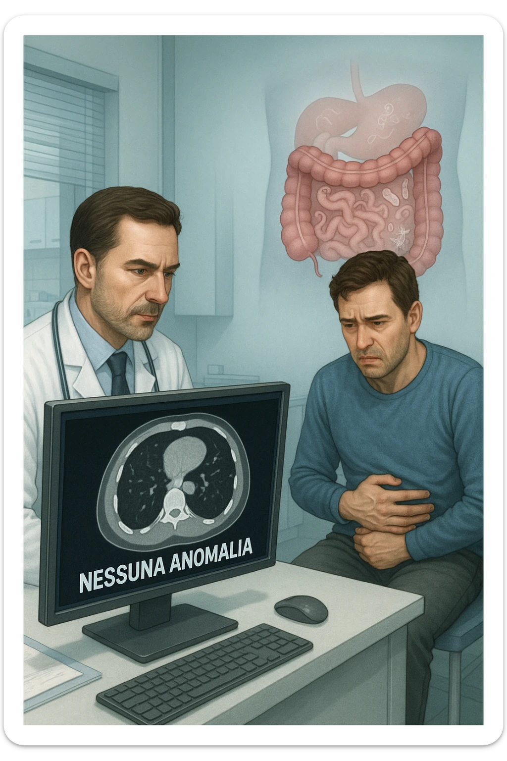 Medico in camice bianco in uno studio moderno, mentre osserva una TAC o ecografia su uno schermo con espressione convinta. Accanto a lui, un paziente seduto che lamenta dolori intestinali. Sullo sfondo, un’immagine traslucida dell’intestino pieno di piccoli parassiti stilizzati (vermi, protozoi), non visibili nel monitor medico. Il monitor mostra 'nessuna anomalia', ma dietro c’è la realtà invisibile. Atmosfera clinica ma con contrasto simbolico tra 'ciò che si vede' e 'ciò che sfugge'. Colori freddi, luce ospedaliera in italiano sticker