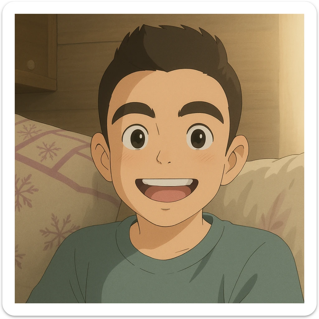 Turn this portrait photo of a smiling boy into a Ghibli-style illustration, keeping the pose and expression, with soft colors and gentle lighting. sticker