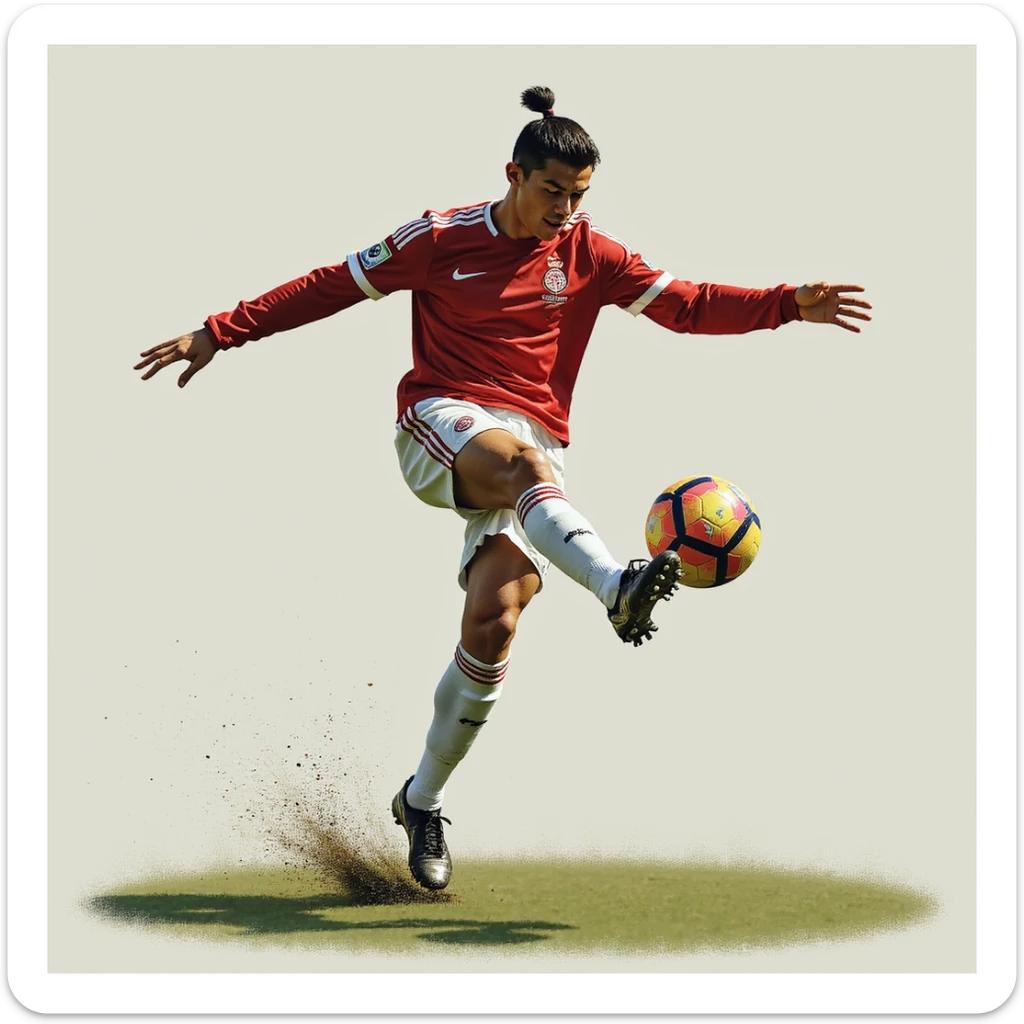 realistic illustration of a football player inspired by Cristiano Ronaldo performing a bicycle kick, photorealistic style sticker