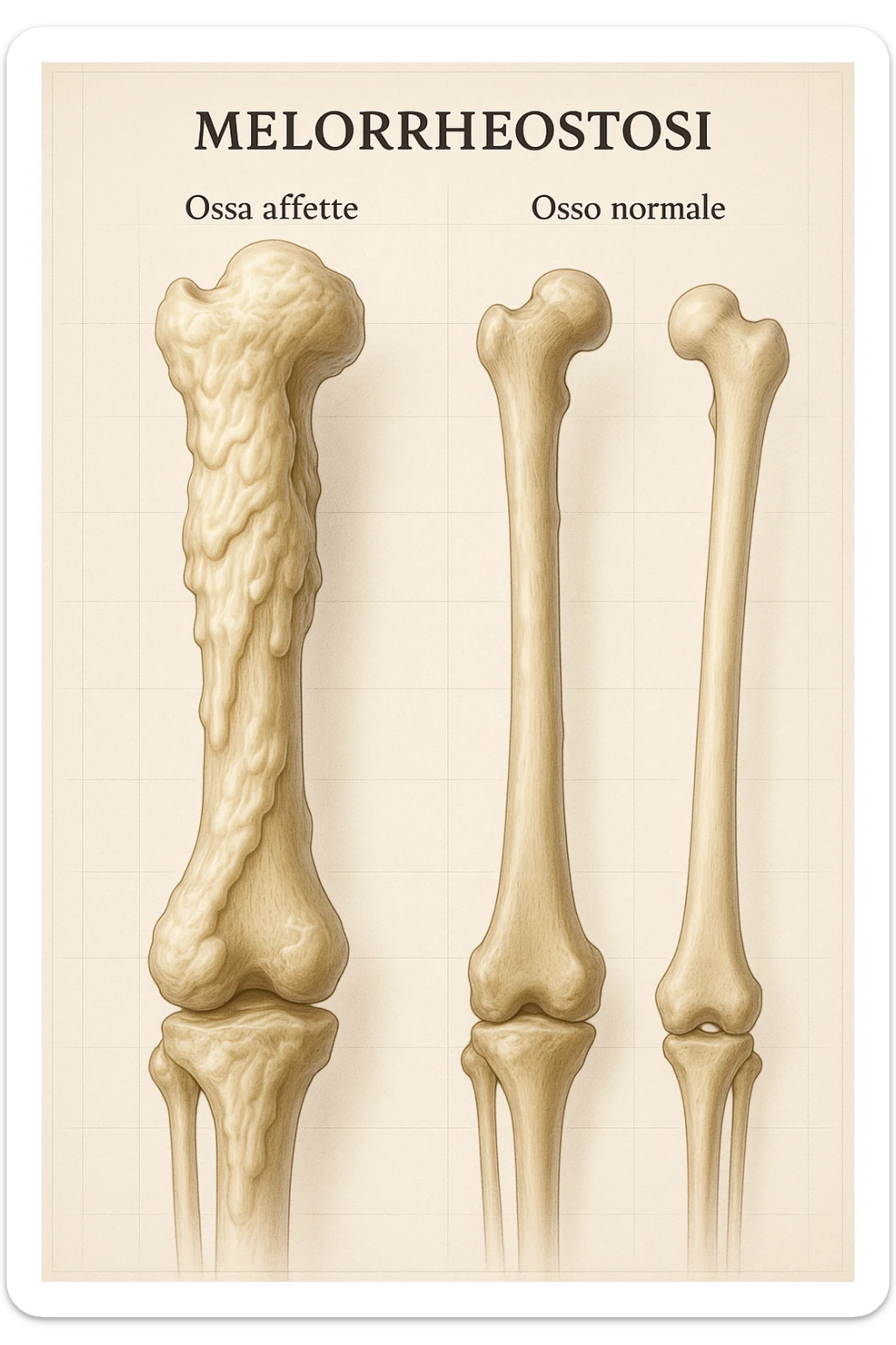 A highly realistic medical illustration focusing on a human arm and leg bones affected by melorheostosis. The bones appear visibly thickened, irregular, and larger than normal, with clear, layered bone growth resembling melted wax dripping down the side of the bones. The image shows a side-by-side comparison with a healthy bone for clarity, highlighting the difference in size and texture. The color palette includes neutral bone colors with subtle shading to show the abnormal contours and ridges. The background is clean and minimalistic, with faint anatomical grid lines for a scientific, educational feel. The overall mood is informative and precise, conveying the key visual characteristic of melorheostosis: progressive bone thickening that makes bones visibly larger and irregular. in italiano sticker