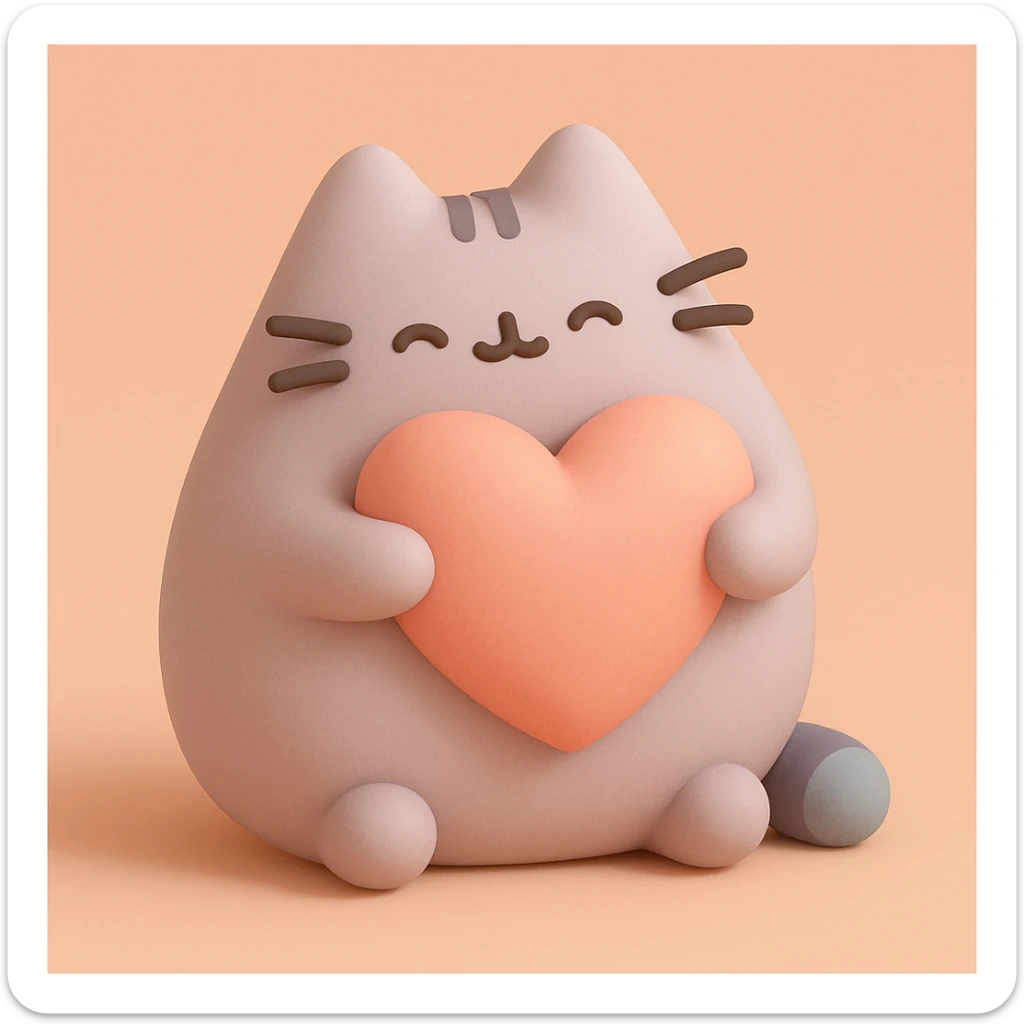 Pusheen hugging a big heart, pastel colors, adorable, mochi illustration style sticker
