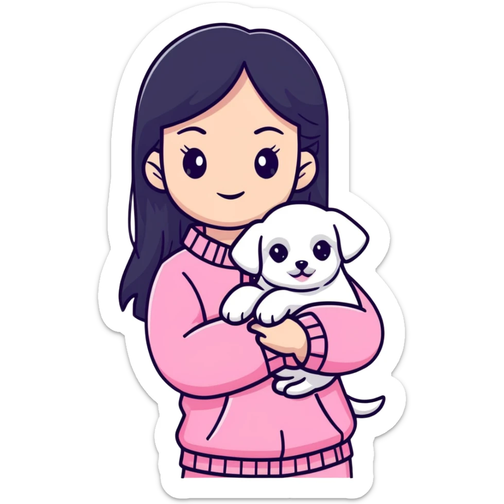 beautiful young woman with long straight black hair wearing pink clothes and holding a small white Maltese puppy sticker