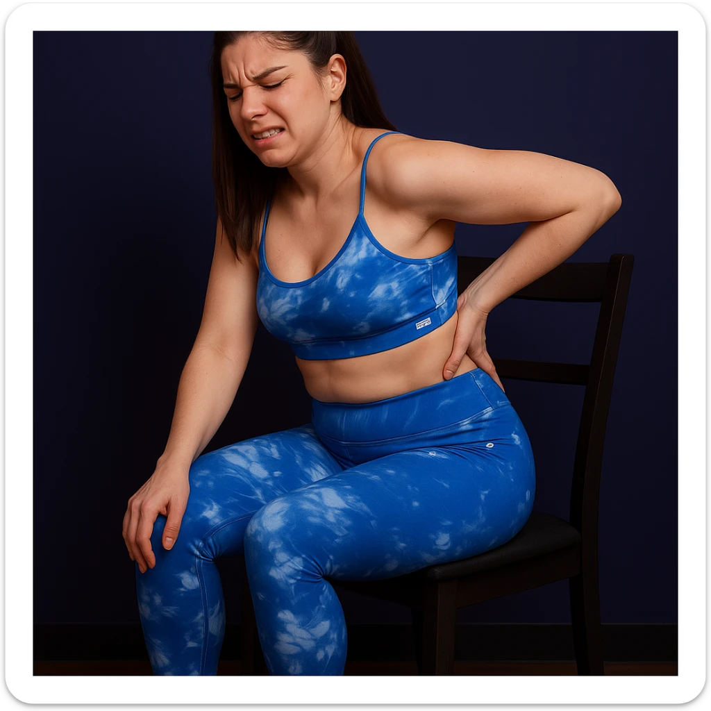 Slim woman in 4K, sitting on a chair, slightly curved back, left hand massaging the lumbar area, face contracted in back pain, inspired by the reference photo. sticker