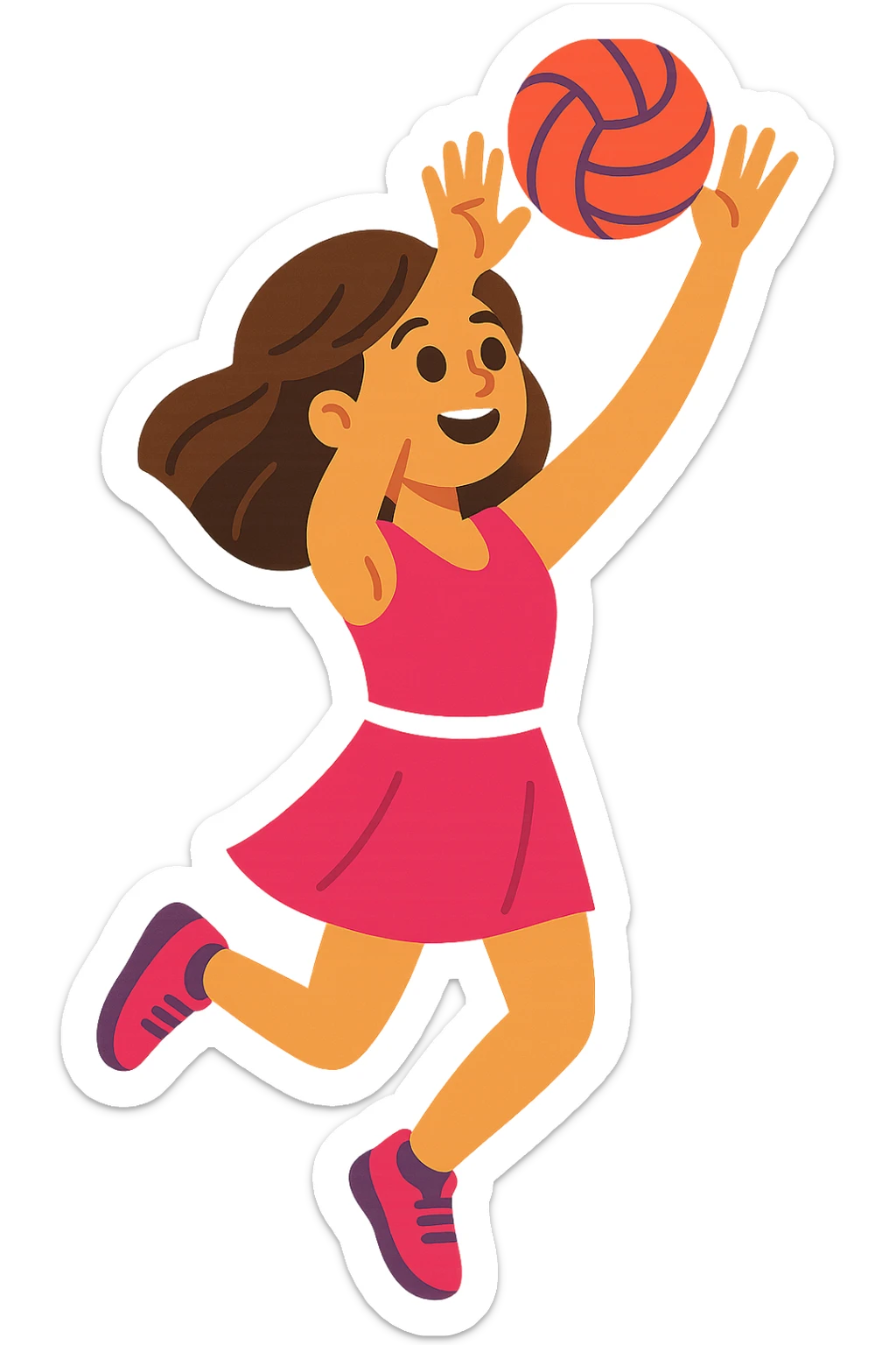 brunette girl in pink netball dress, arms raised, shooting a goal, sporty, no background sticker