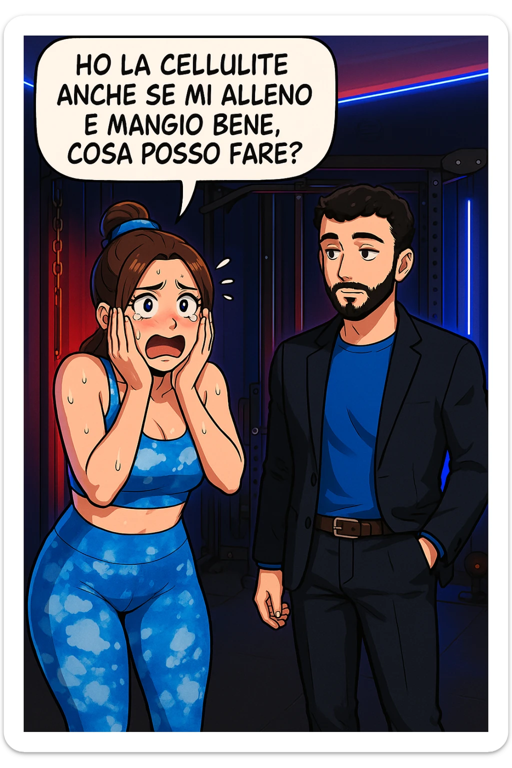 TRASFORMA QUESTO CAROSELLO IN UN FUMETTO STILE WEBTOON/MANGA A COLORI CON QUESTE DUE PERSONE IDENTICHE CHE INTERLOQUISCONO TRA LORO, LA DONNA è DISPERATA CON LE MANI SULLE GUANCE E STA DOMANDANDO TUTTA AGITATA UNA COSA ALL'UOMO:

LEI (DONNA): Ho la cellulite anche se mi alleno e mangio bene, cosa posso fare? sticker
