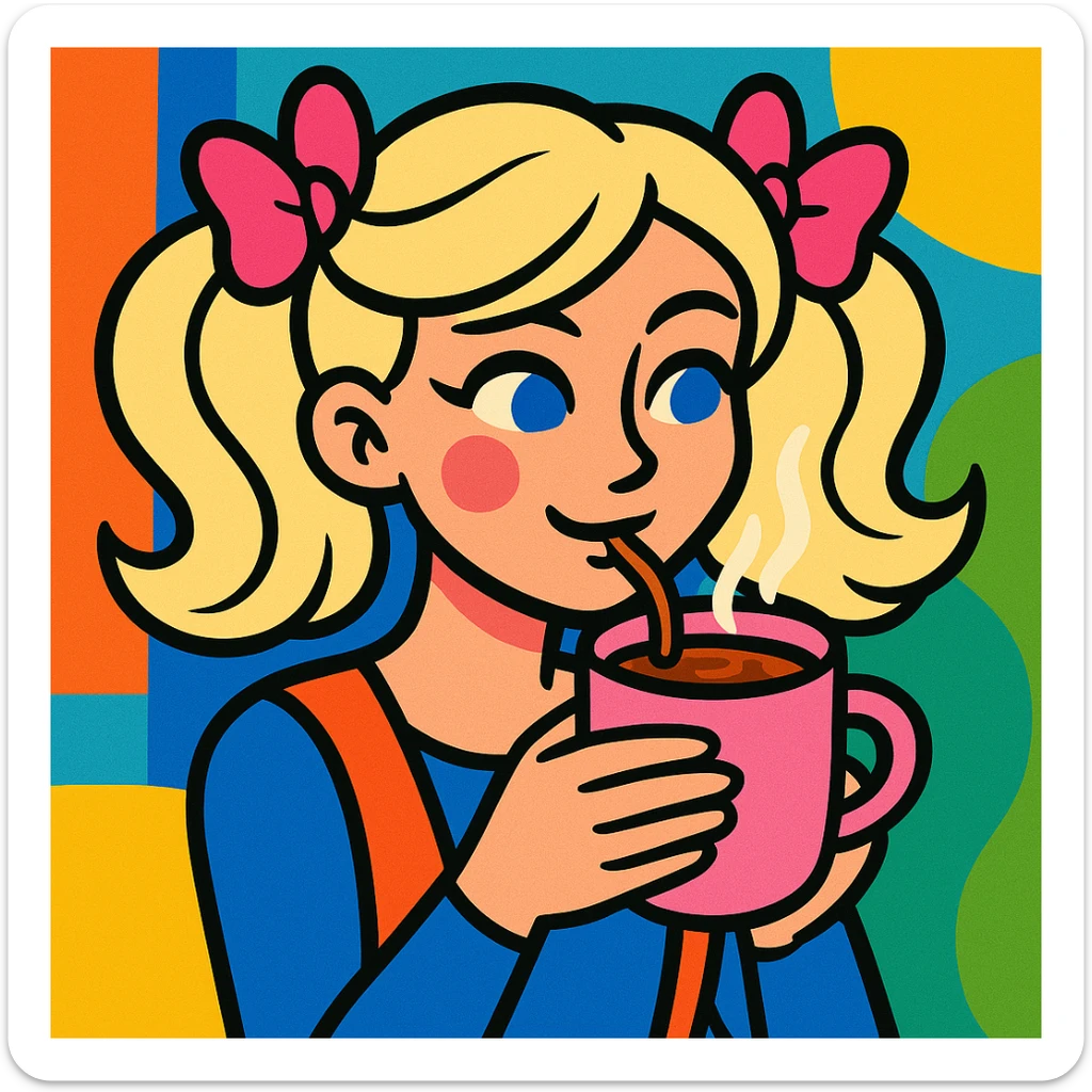 platinum blonde woman with pink bows in hair drinking hot chocolate from a pink mug, colorful and vibrant style sticker