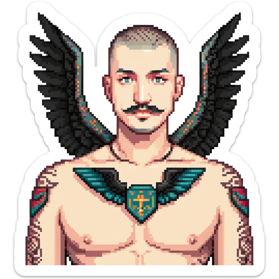 pumped up white male, buzz cut black hair, handlebar mustache black, two wings tattooed on his chest sticker