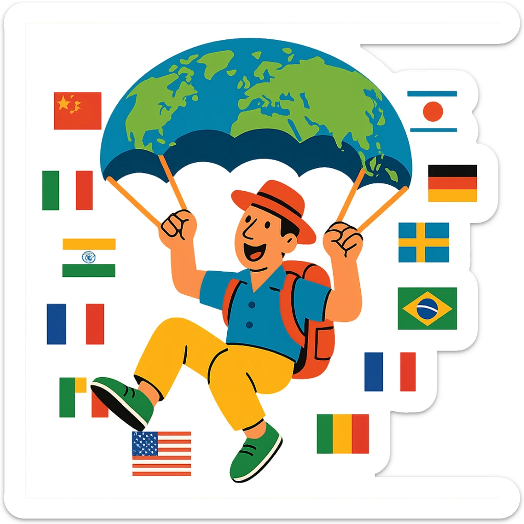 A joyful tourist on a cultural mission, parachuting with a world map, modern illustration, vivid colors, diverse country flags, energetic and colorful. sticker
