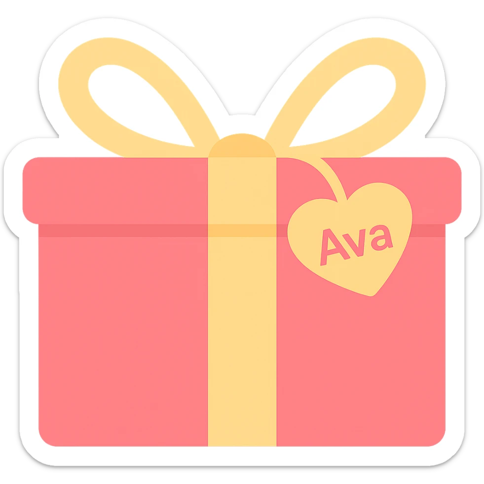 Add the name 'Ava' to the heart-shaped gift tag in the same color icon style, with no background. sticker