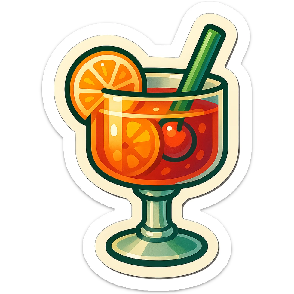 A cocktail in retro stickers style, with a vintage glass and colorful ingredients sticker