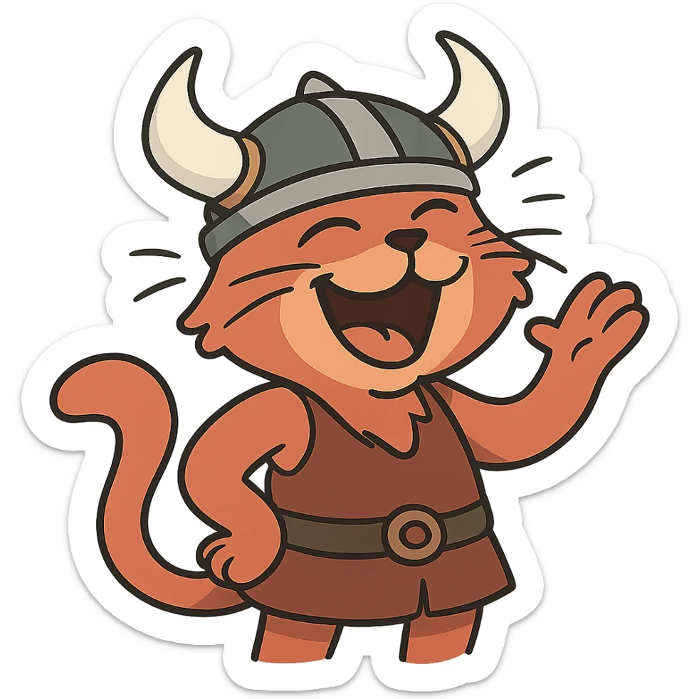 a laughing red viking cat cartoon style with a horned helmet and a big smile sticker