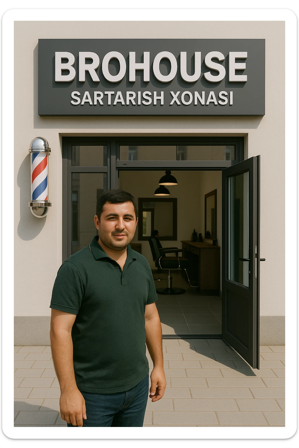 eni shu rasimga manashu odamga uxhshasin sartaosh eshik oldida tursin va tashqarida esa mijoz sticker