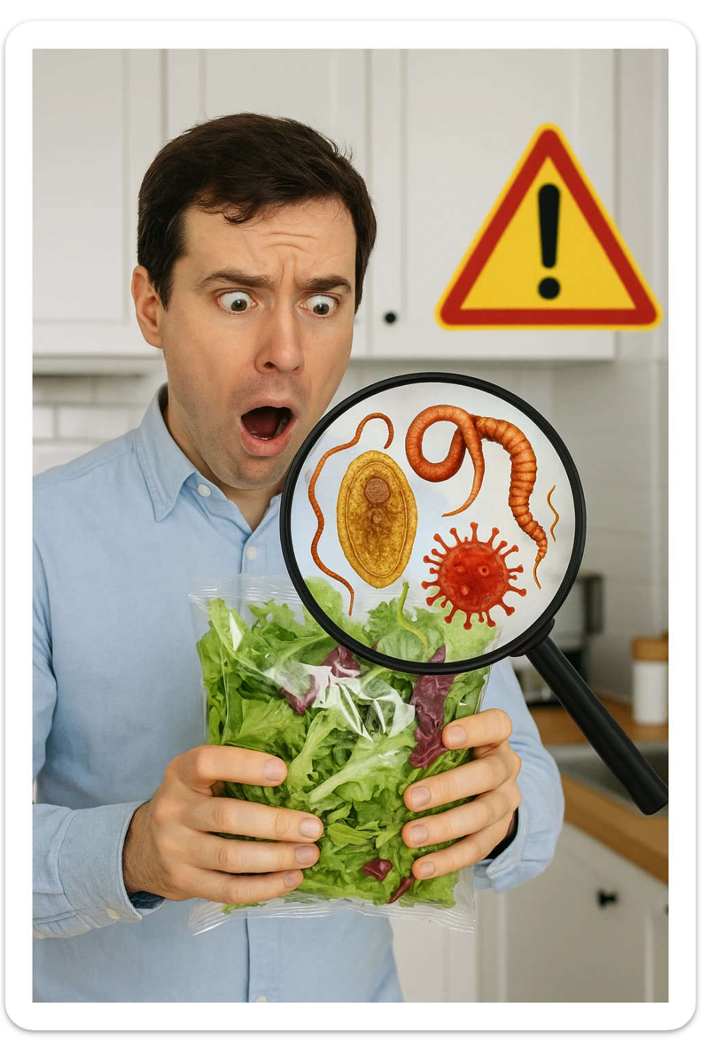 a man holds a bag of salad with both hands, his face frozen in shock as he looks at the contents. Inside the bag, exaggerated but realistic depictions of parasites and bacteria are visible, some highlighted with a magnifying glass overlay. The background is a clean kitchen, and a warning sign appears in the corner to reinforce the message about food safety. sticker