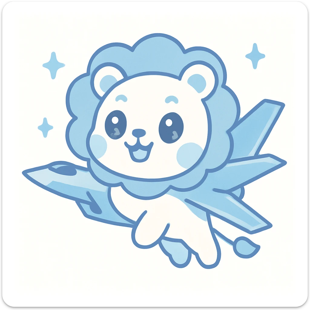 A whimsical lion character reminiscent of Nyan Cat with F-35 fighter jet wings, blue and white color scheme, soaring upward, playful and energetic style sticker