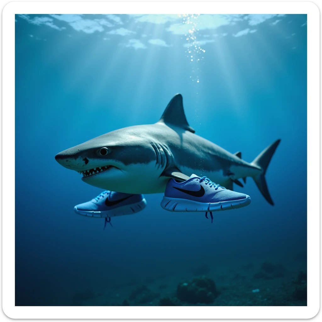 a photorealistic shark with blue Nike sneakers, swimming underwater sticker