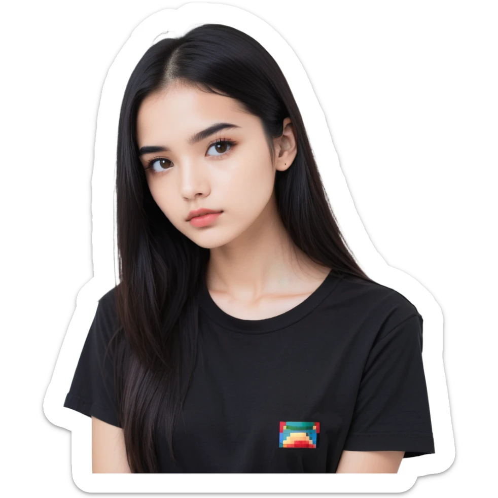white girl, black long straight hair, brown eyes, dark eyebrows, small lips, black t-shirt sticker