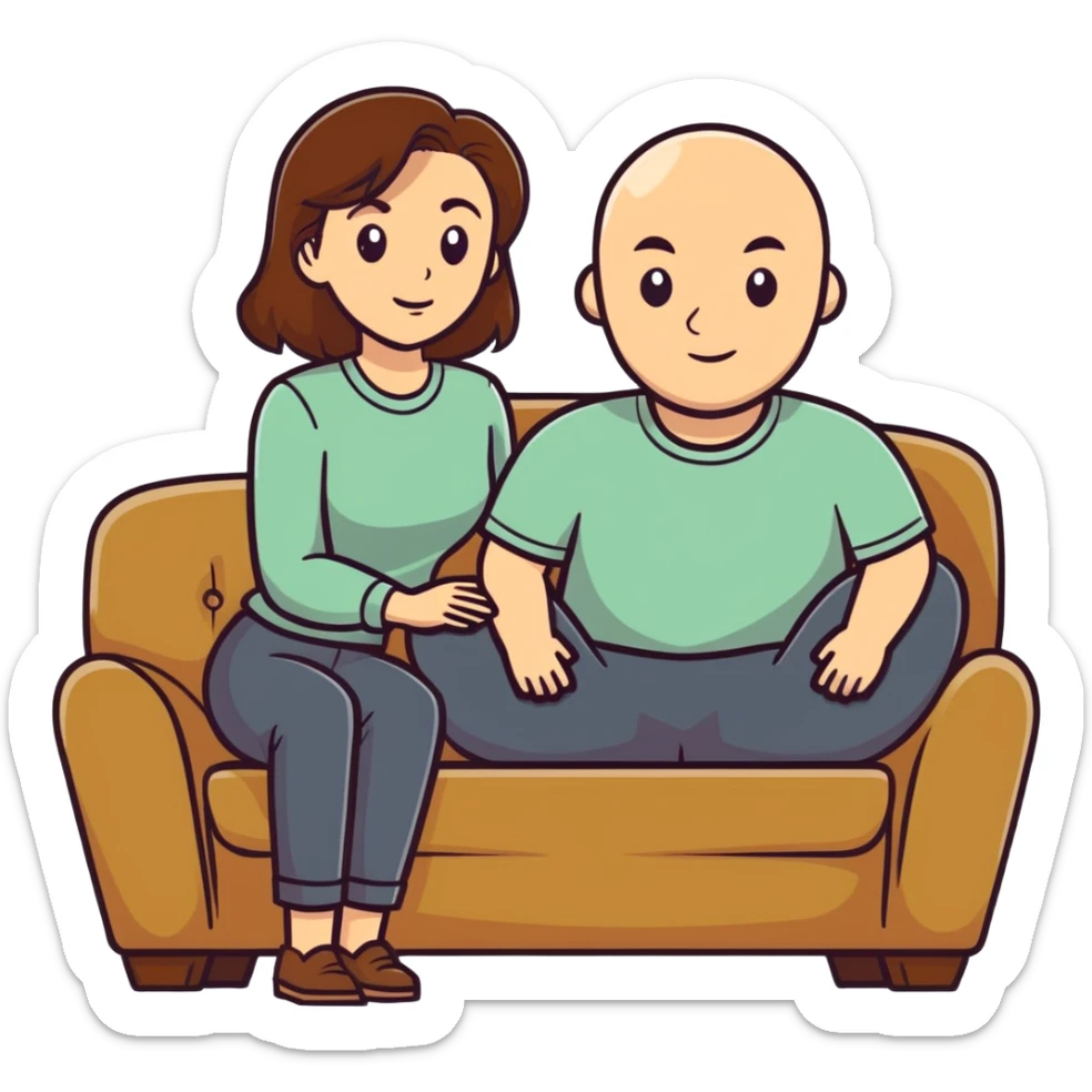 One Caucasian woman with brown hair big boobs wearing pants sitting on a couch with a bald man. She is kneeling sticker