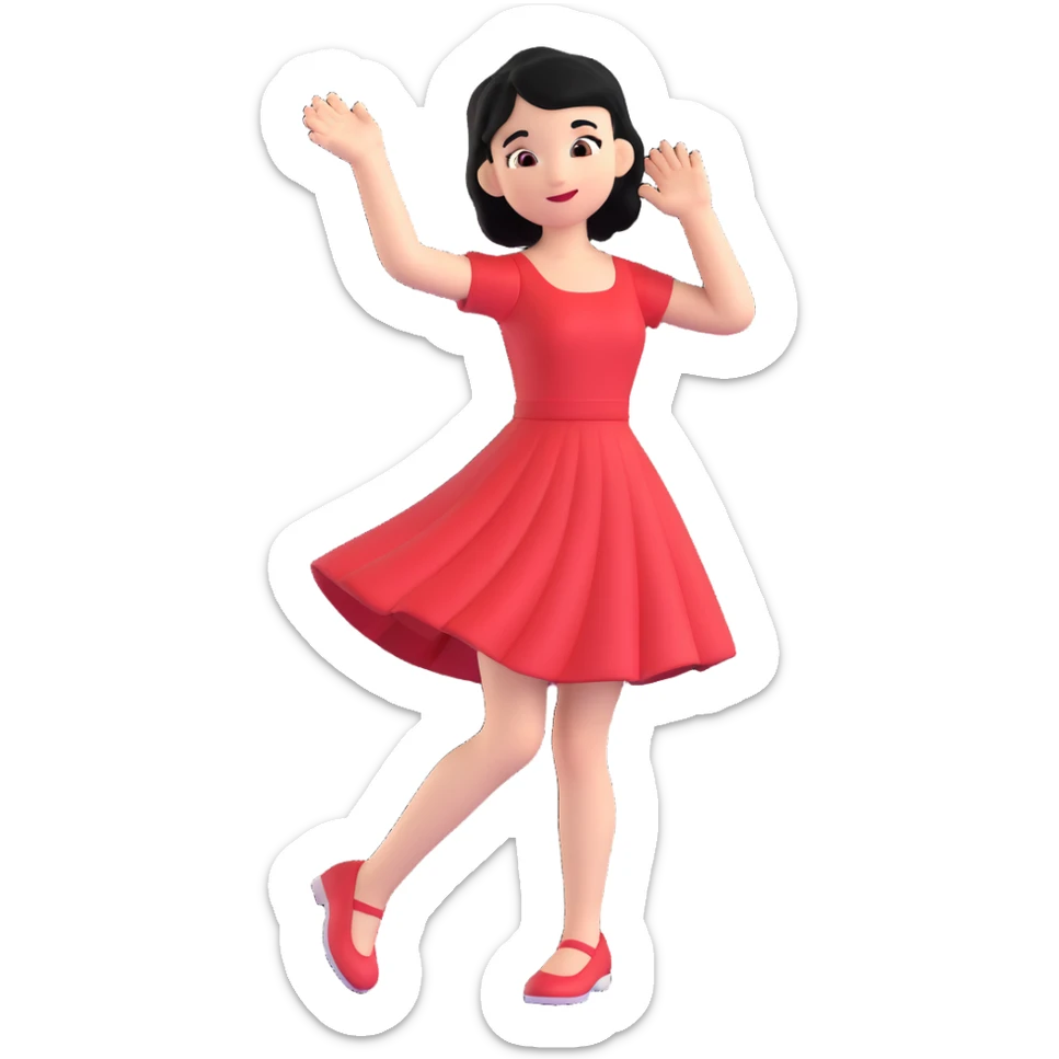 Lilo-inspired girl, 3D style, red dress, black hair, playful pose sticker