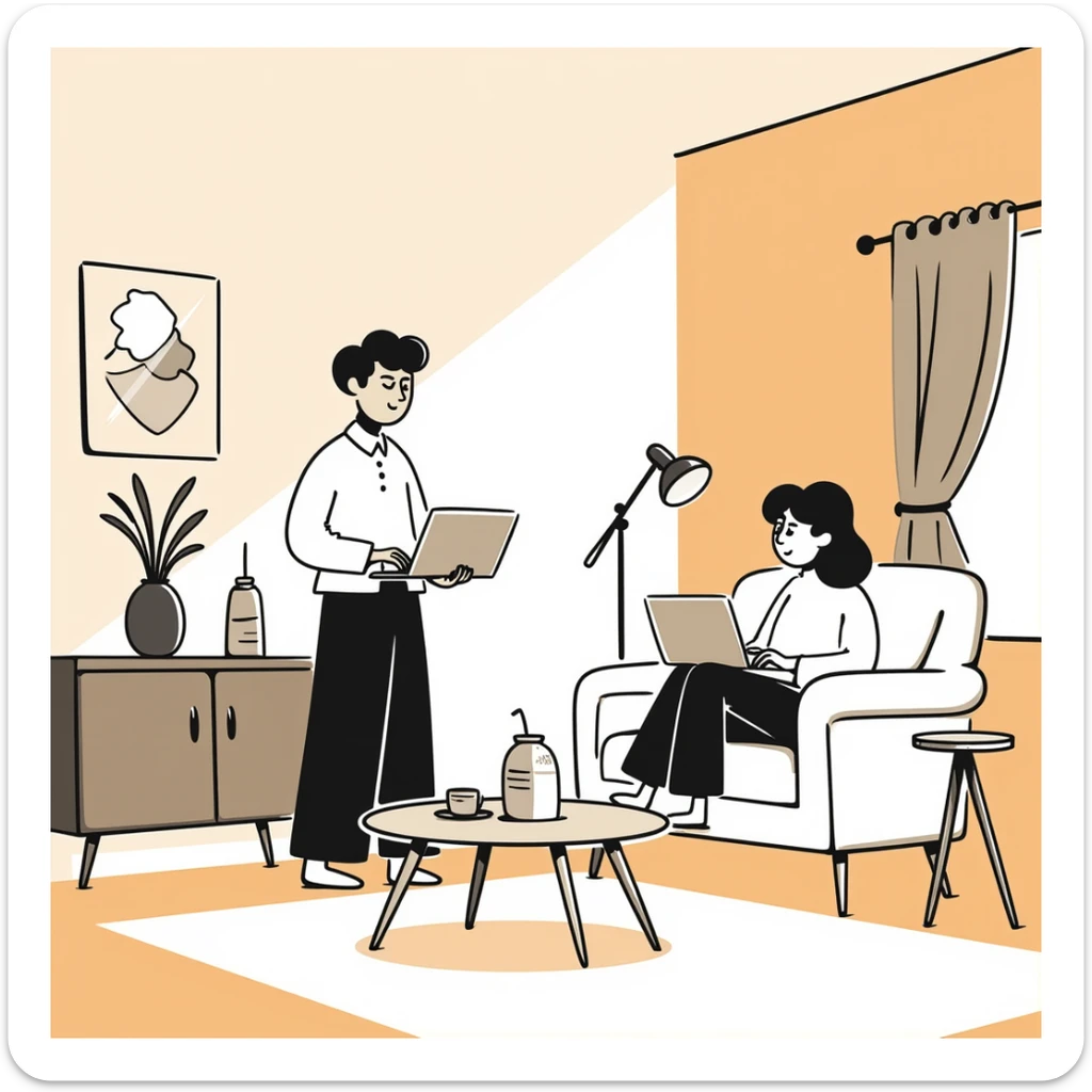 escenary 3d of a cozy mid-century living room with two people working on laptops, one man standing at a desk and one woman sitting on a couch, warm tones, two walls and floor visible sticker