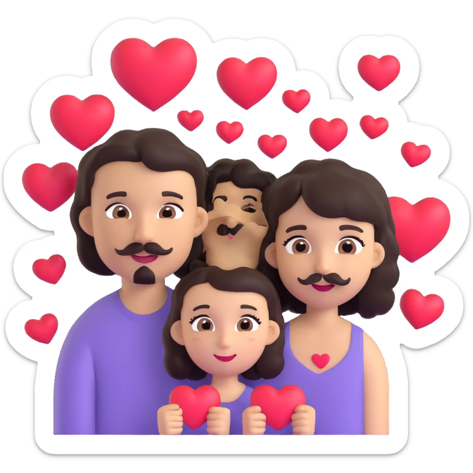 couple emoji: pale girl with long straight dark brown hair, no facial hair; tan boy with short black curly hair, small goatee and separate mustache; hearts around them sticker