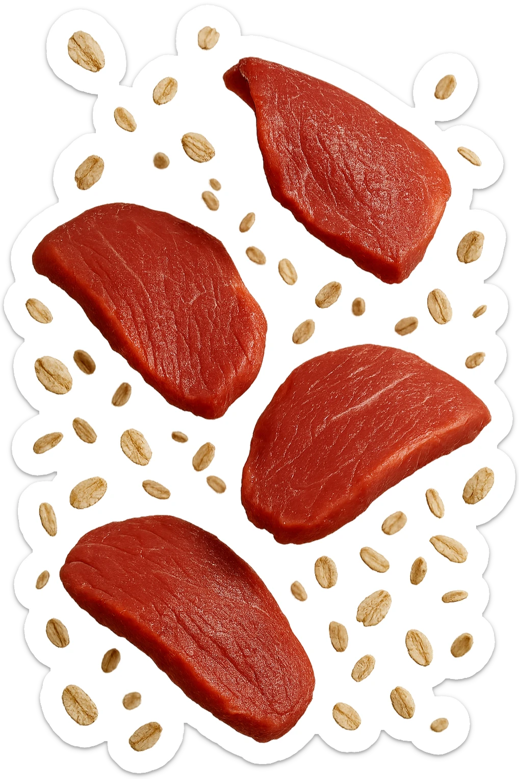 FETTINE DI CARNE FLUTTUANO IN ARIA INSIEME A FIOCCHI DI AVENA, IPERREALISTICO 4K sticker