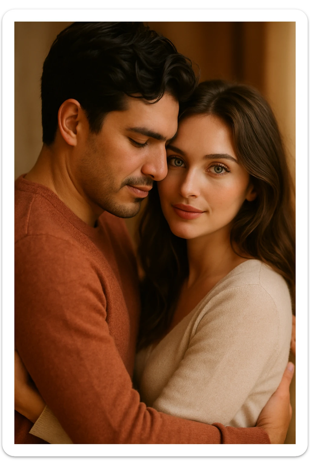 romantic embrace, Latin man with dark hair and woman with striking green eyes, soft lighting, warm and affectionate scene sticker
