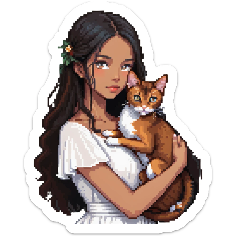 beautiful girl with long black hair wearing a white dress holding an Abyssinian cat with reddish-brown fur in her arms, close-up sticker