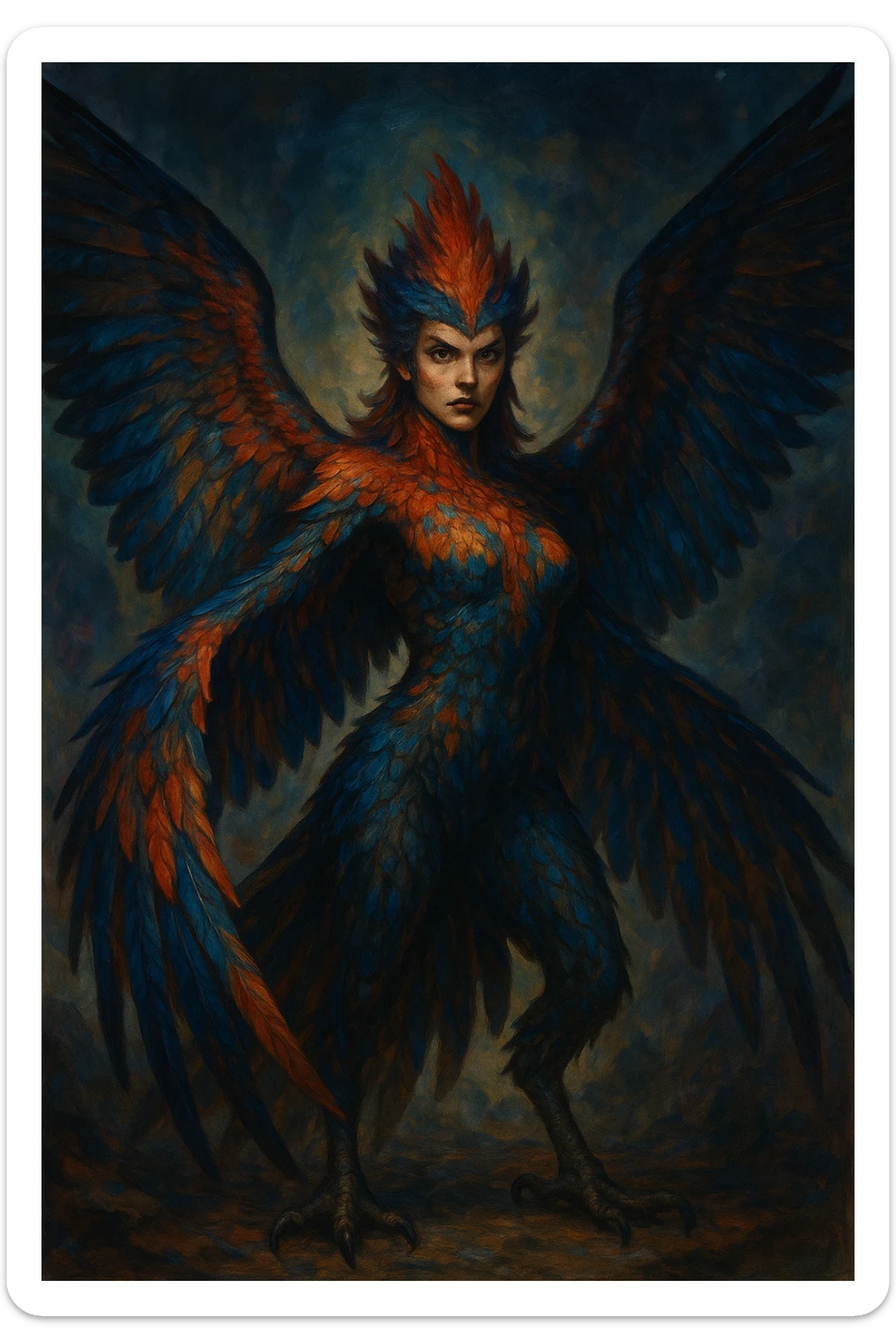 hybrid bird woman with mostly bird features, fantasy style, any bird species, bold and dramatic, striking plumage, powerful stance sticker