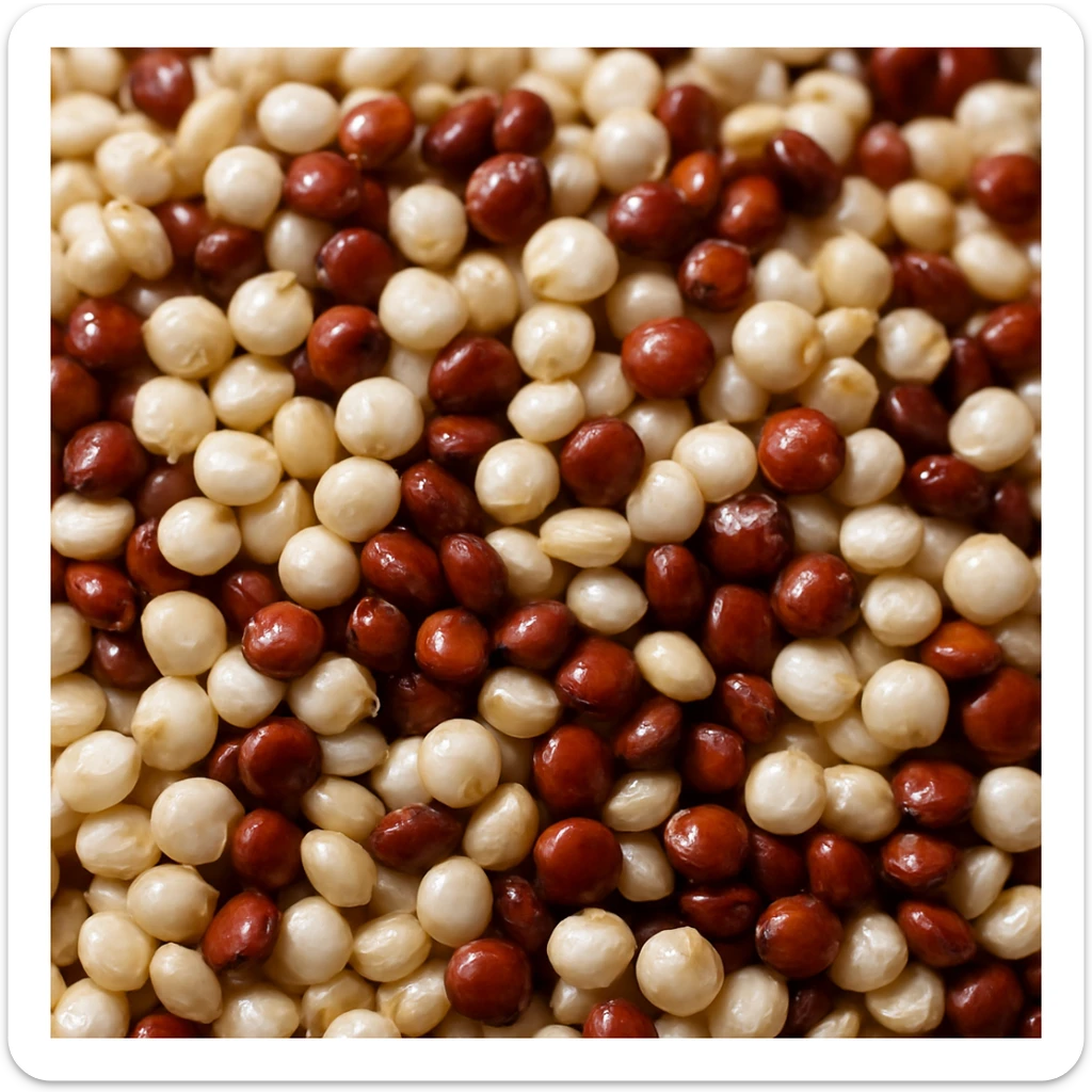 realistic close-up photo of shiny white and red quinoa seeds sticker