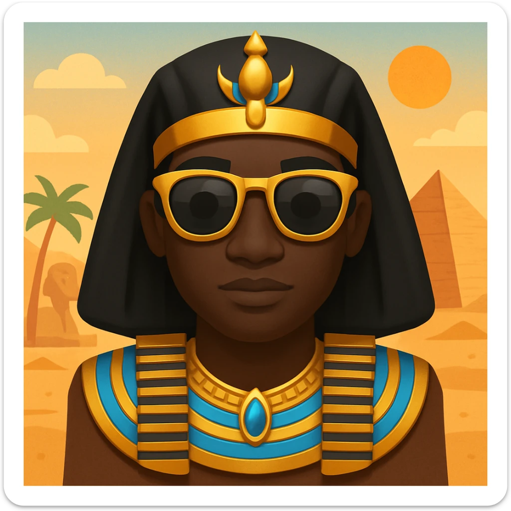 Add an Egyptian background behind the pharaoh with sunglasses and black skin, maintaining the emoji style look. sticker
